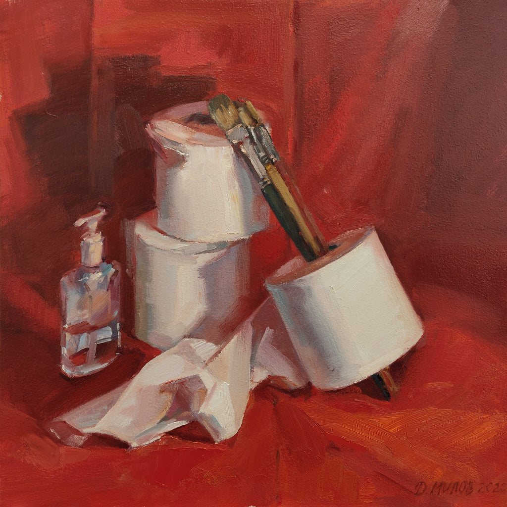 Still life painting with toilet paper, hand sanitizer and paintbrushes on red background