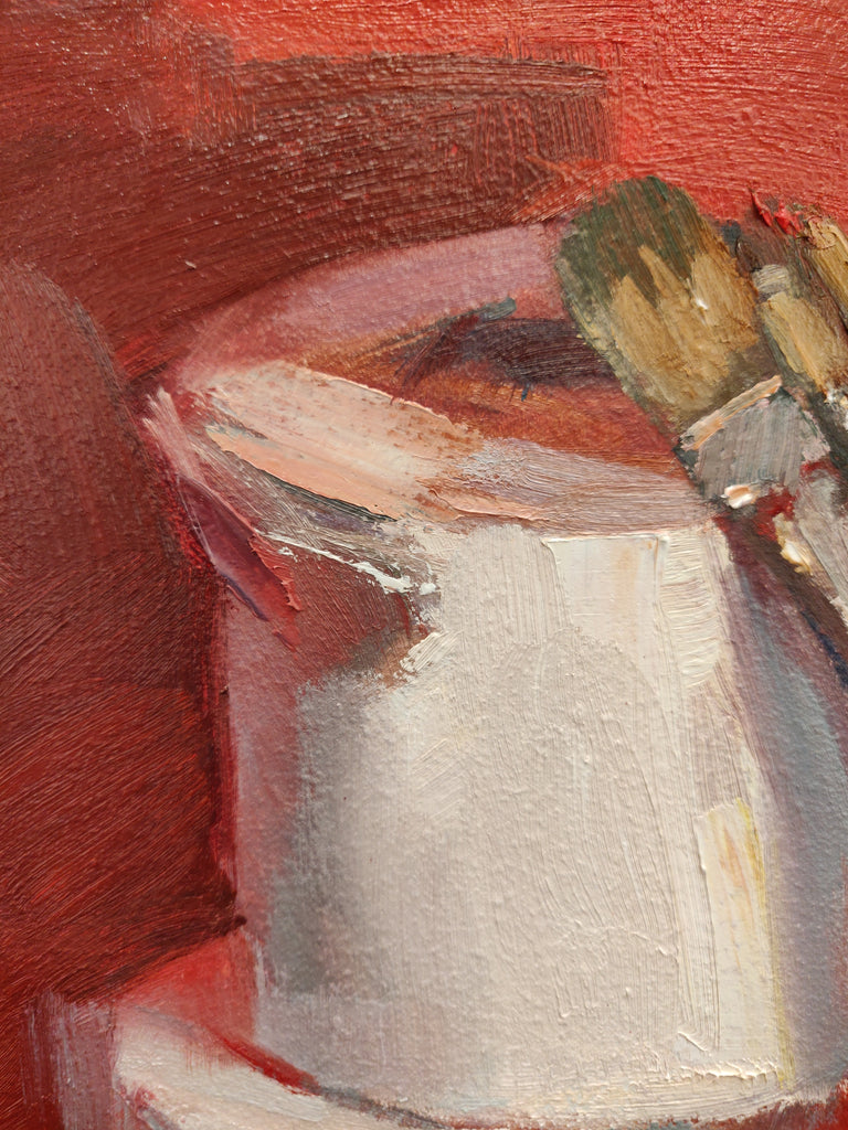 Fragment of oil painting showing a close-up of a roll of toilet paper